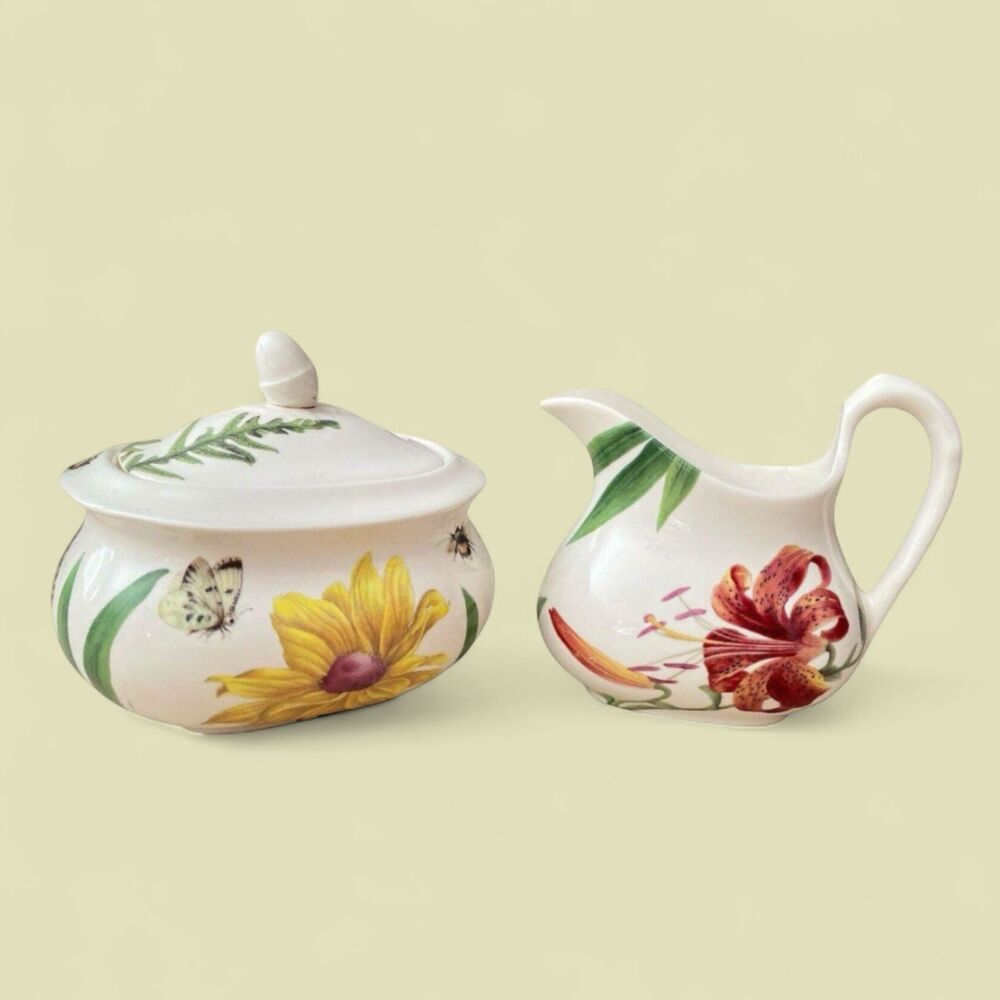 Spode Floral Haven Creamer & Sugar Bowl Set Butterfly Bee England Repaired